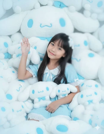 Smiling girl in blue dress surrounded by cute white and blue plush toys