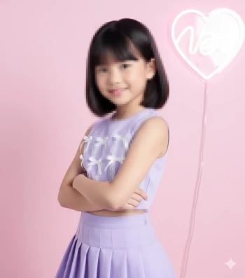 Smiling girl in lavender outfit posing confidently against pink background