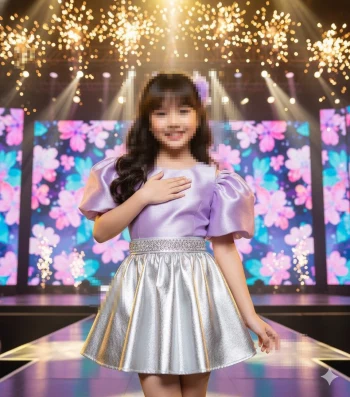 Smiling girl in lilac and silver dress standing on bright stage with lights