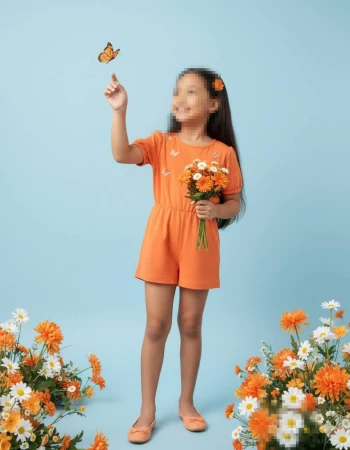Smiling girl in orange dress holding flowers and reaching for butterfly
