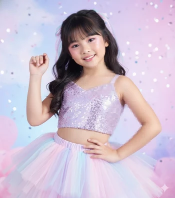 Smiling girl in pastel tulle skirt and sequin top posing in dreamy background