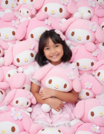Smiling girl in pink dress surrounded by cute pink bunny plush toys