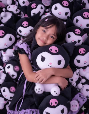Smiling girl in purple dress hugging cute black and white plush toys