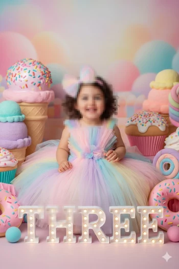 Smiling Girl in Rainbow Dress Celebrating Third Birthday with Sweets Decor