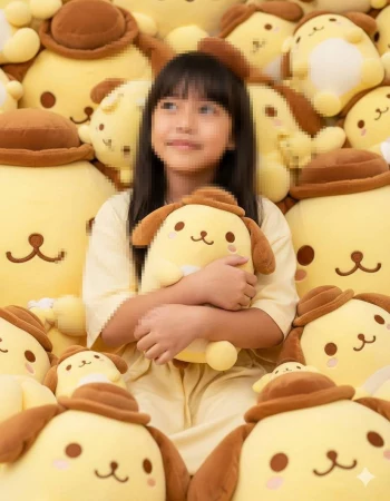 Smiling girl in yellow outfit surrounded by cute plush dog toys