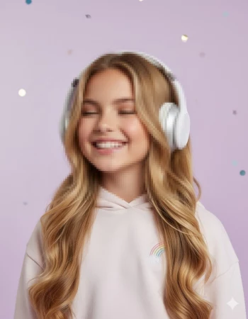 Smiling Girl Listening to Music with White Headphones on Purple Background