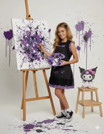 Smiling Girl Painting Abstract Art with Purple and Black Colors in Studio