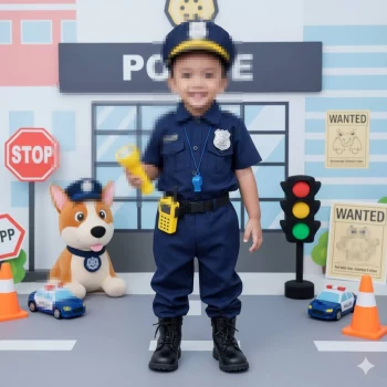 Smiling little boy dressed as police officer in playful city scene