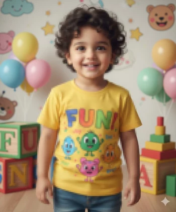 Smiling Little Boy in Yellow Fun T Shirt Standing in Colorful Playroom