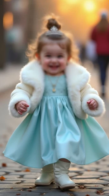 Smiling Little Girl in Blue Dress and White Fur Coat Walking Outdoors