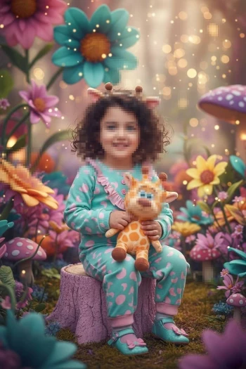 Smiling Little Girl in Fantasy Garden Holding Giraffe Toy