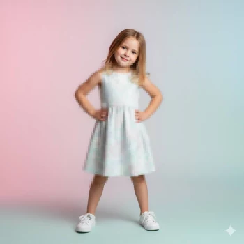 Smiling Little Girl in Pastel Floral Dress Standing Confidently in Studio