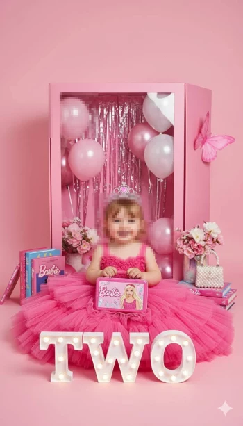 Smiling Little Girl in Pink Barbie Dress Celebrating Her Second Birthday