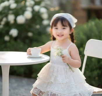 Smiling little girl in white lace dress holding flowers at garden table