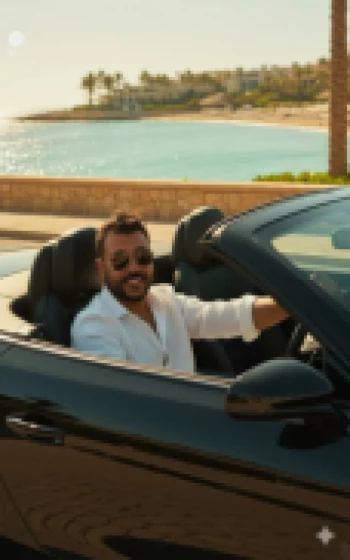 Smiling man driving a black convertible by the seaside on a sunny day