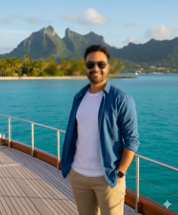 Smiling man on yacht wearing blue shirt enjoying tropical island vacation