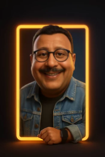 Smiling Man with Glasses in Denim Jacket Framed by Orange Neon Light