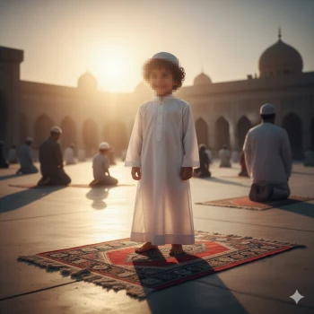 Smiling Muslim Boy in White Thobe Standing on Prayer Mat at Sunrise