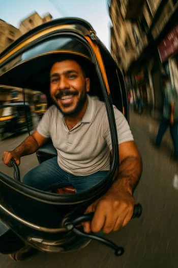Smiling Tuk Tuk Driver Riding Through Busy City Streets