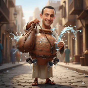 Smiling Water Seller Pouring Fresh Water in a Traditional Street Scene