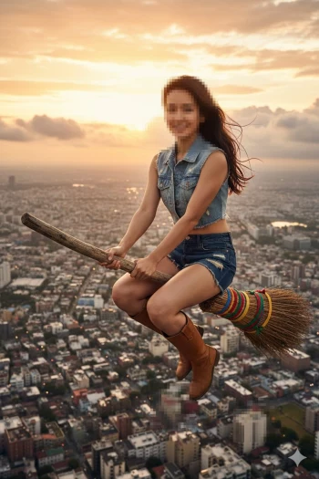 Smiling Woman Flying on Broomstick Above City at Sunset