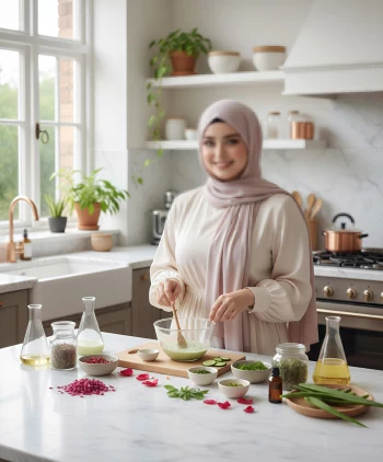 Smiling woman in beige hijab mixing natural ingredients in bright modern kitchen