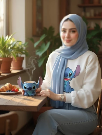 Smiling woman in blue hijab enjoying coffee in cozy morning sunlight