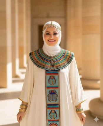 Smiling Woman in Elegant Egyptian-Inspired Dress with Golden and Turquoise Details