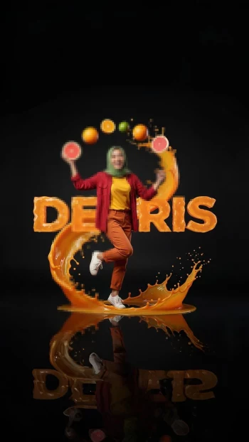 Smiling Woman in Green Hijab Posing with Citrus Splash and Orange Juice Theme