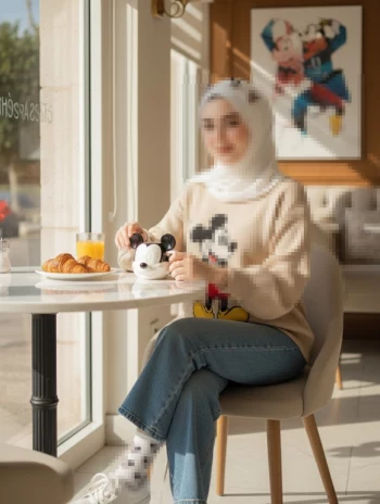 Smiling woman in Mickey Mouse outfit enjoying breakfast at a sunny café