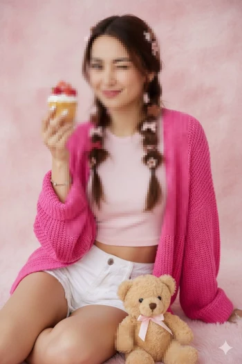 Smiling woman in pink outfit holding cupcake with teddy bear on pink background