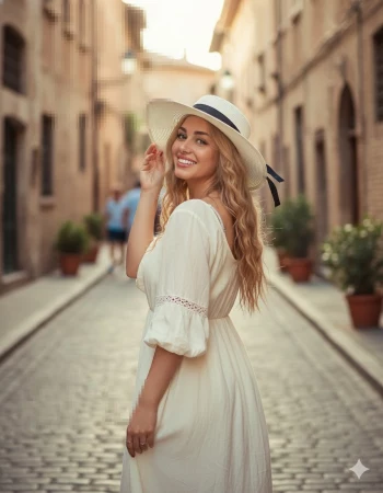 Smiling woman in white dress and hat walking on sunny cobblestone street