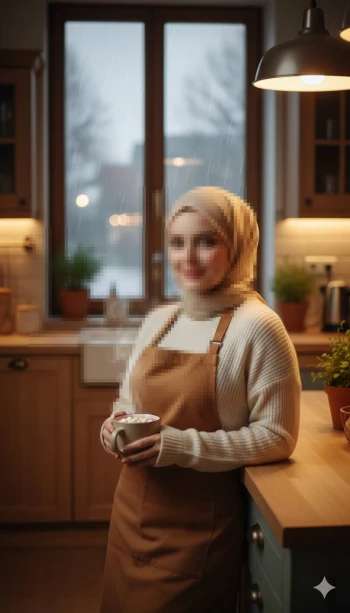 Smiling woman wearing hijab holding a hot drink in a cozy kitchen on a rainy day