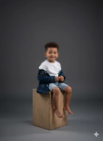 Smiling Young Boy in White T Shirt and Denim Sitting on Wooden Crate in Studio Portrait