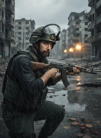 Soldier in Rainy War Zone with Explosions in Destroyed City