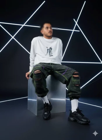Streetwear portrait of man on metal cube with geometric LED light backdrop