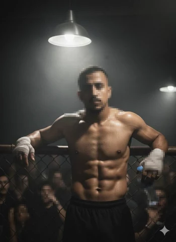 Strong and focused boxer posing confidently after a fight under dramatic gym lighting