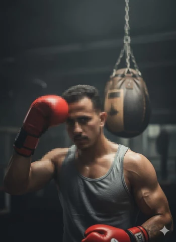 Strong Boxer Training with Red Gloves in a Dimly Lit Gym