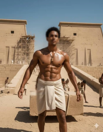 Strong Man in Ancient Egyptian Setting Working Near Temple Construction Site