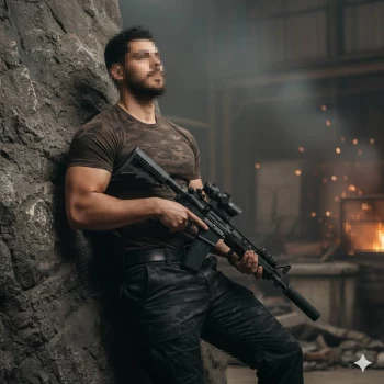 Strong Soldier Holding Rifle in Industrial Setting with Sparks in the Background