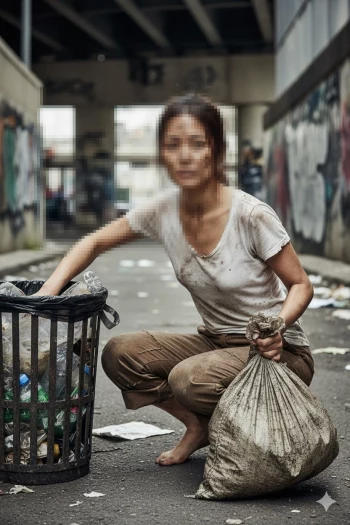 Struggling Woman Collecting Trash in Urban Alleyway Under Overpass