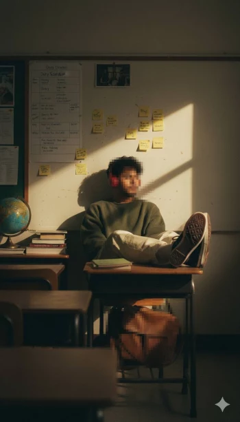 Student Wearing Red Headphones Sitting Relaxed at Desk in Sunlit Classroom