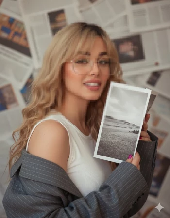 Stylish blonde woman holding photo prints in front of newspaper background