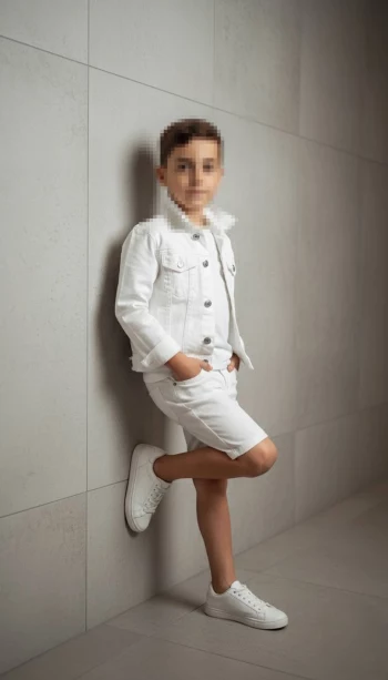 Stylish Boy in All White Outfit Posing Against Modern Gray Wall