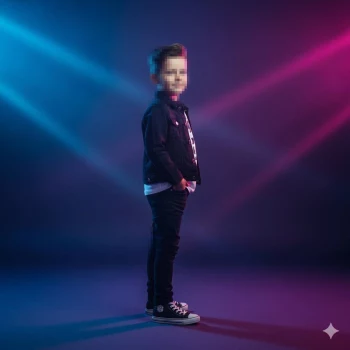 Stylish Boy in Black Denim Jacket Posing Under Neon Lights