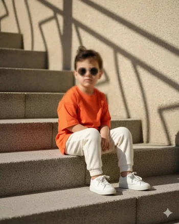 Stylish Boy in Orange T-Shirt and Sunglasses Sitting on Sunlit Stairs