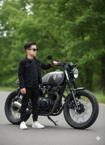 Stylish Boy Posing with Custom Cafe Racer Motorcycle on Forest Road