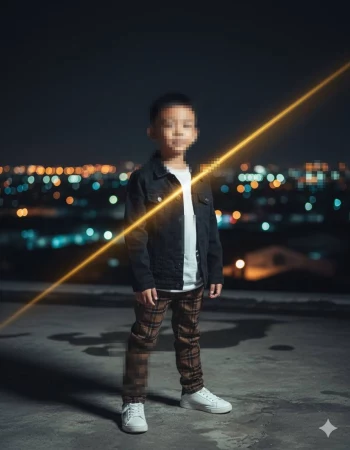 Stylish boy standing under city lights wearing plaid pants and black jacket