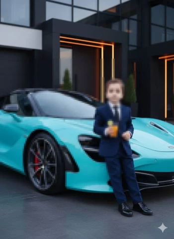 Stylish Child in a Suit Standing by a Luxury Turquoise Supercar at a Modern Villa