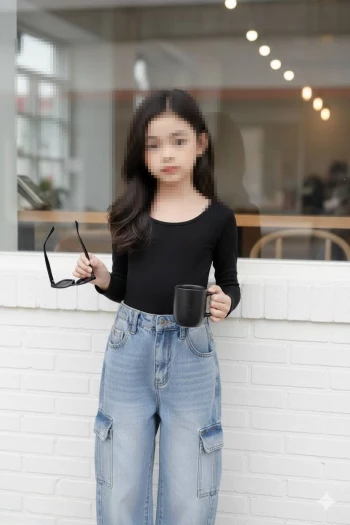 Stylish girl in black top and blue jeans holding mug outside modern café